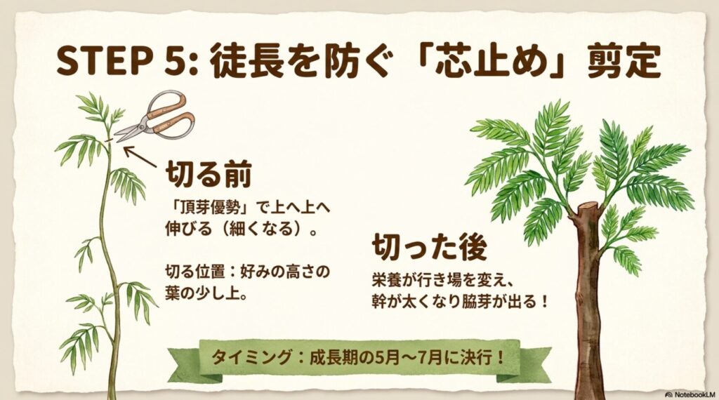 上へ伸びるエバーフレッシュの先端を好みの高さでカットする前の状態と、カットした後に栄養が行き場を変えて幹が太くなり、脇芽が出た状態を比較したイラスト。