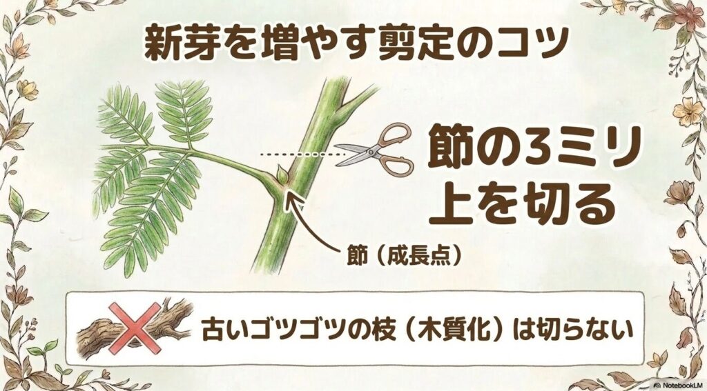 エバーフレッシュの枝を剪定する位置を示すイラスト。成長点である節の3ミリ上を切ることが推奨されており、古いゴツゴツとした木質化している枝は切らないよう注意書きが添えられています。