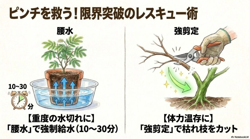 重度の水切れに対処する腰水（10〜30分）と、体力温存のために枯れ枝をカットする強剪定という、2つの復活レスキュー術を図解したイラスト
