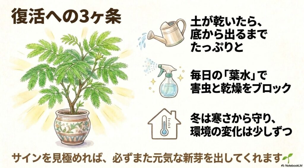 水やりのメリハリ、葉水での害虫・乾燥ブロック、冬の防寒と少しずつの環境変化という「復活への3ヶ条」と、元気な新芽を出したエバーフレッシュのイラスト