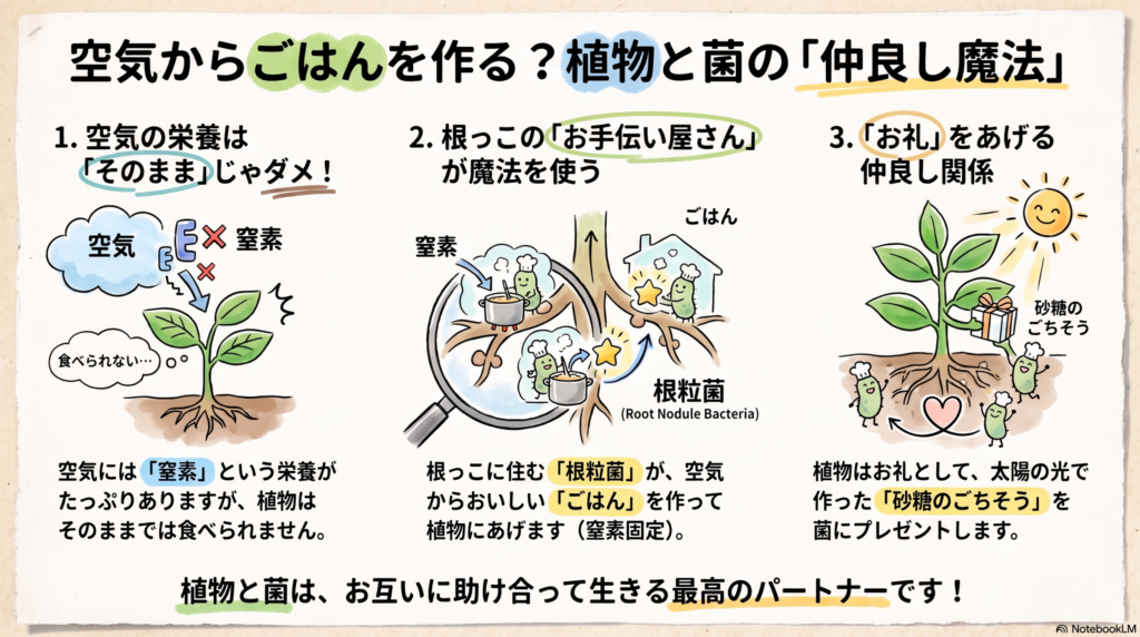 エバーフレッシュなどの根に住む「根粒菌」が、空気中の窒素を植物が吸収できる栄養に変え、植物からはお礼として光合成で作った砂糖をもらうという共生関係（窒素固定）をわかりやすく解説したイラスト図解。