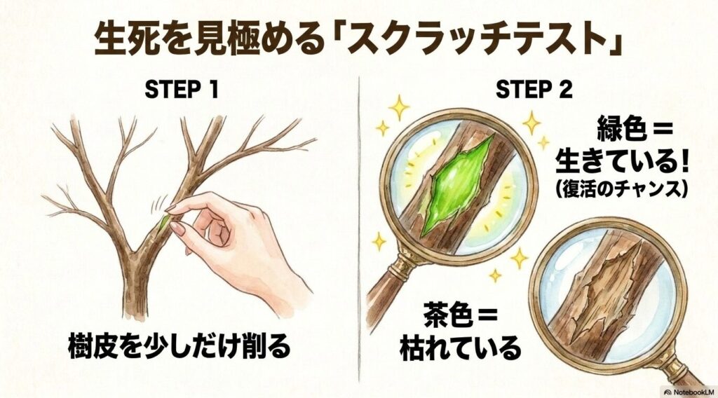 エバーフレッシュの枝の樹皮を少しだけ削り、中が緑色なら生きている、茶色なら枯れていると判断するスクラッチテストの手順を描いたイラスト