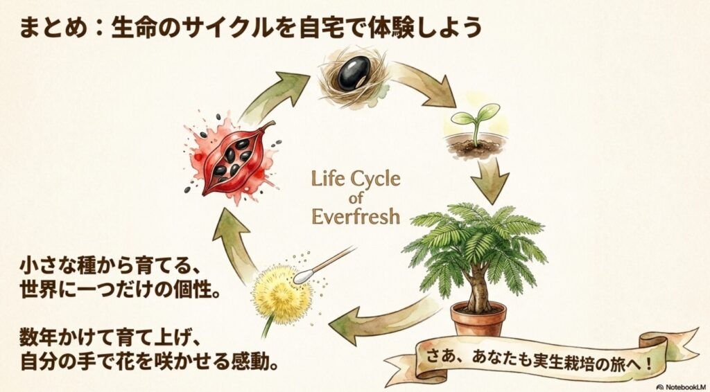 「Life Cycle of Everfresh」という文字とともに、小さな種から立派な木へと育ち、数年かけて自ら花を咲かせるまでの生命のサイクルを表現したイラスト。