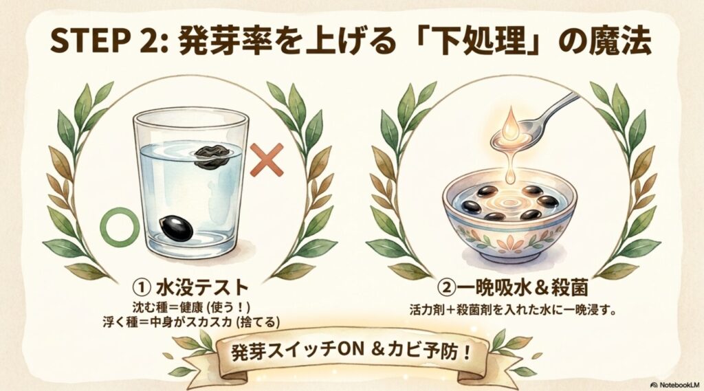 水に沈む健康な種と浮く不良種子を見分ける水没テストのイラストと、活力剤と殺菌剤を入れた水に種を一晩浸して吸水と殺菌を行う手順を描いたイラスト。  