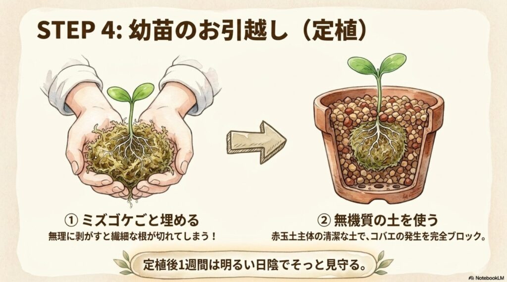 根が絡んだミズゴケごと幼苗を両手で優しく持つ様子と、それを赤玉土主体の無機質の土を入れた鉢にそのまま埋め込んで定植している断面図のイラスト。