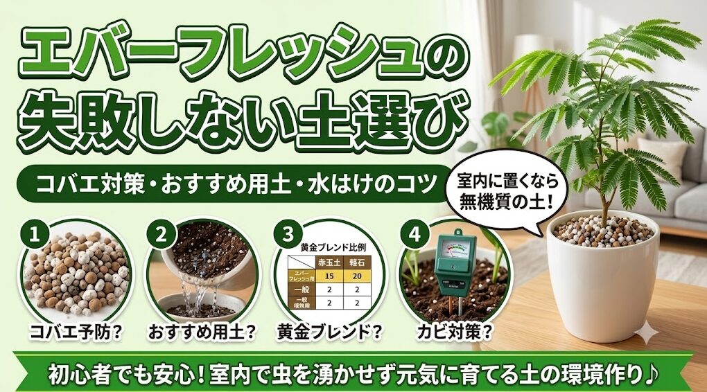 失敗しないエバーフレッシュの土選び。コバエ予防に適した無機質の土、おすすめ用土、水はけを良くする黄金ブレンド比率、カビ対策をまとめたアイキャッチ画像。