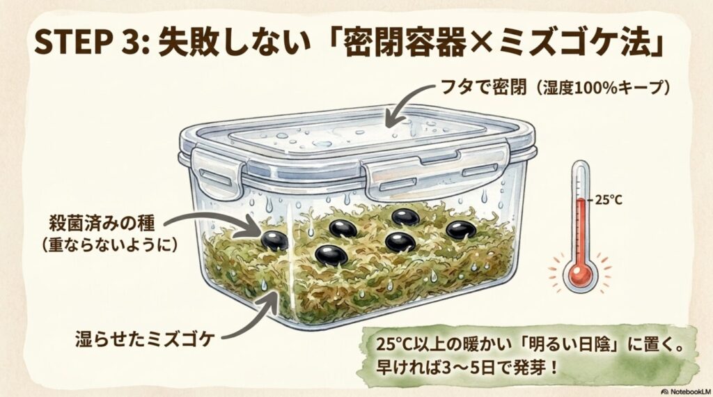 透明な密閉容器に湿らせたミズゴケを敷き、エバーフレッシュの種を重ならないように並べた様子。フタで密閉して湿度100%を保ち、25度以上の明るい日陰に置く環境を描いたイラスト。