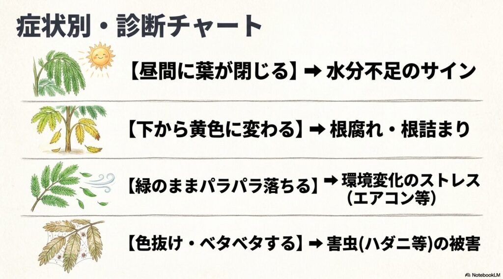 昼間に葉が閉じる、下から黄色に変わる、緑のままパラパラ落ちる、色抜け・ベタベタするといった症状から原因を特定する診断チャートのイラスト