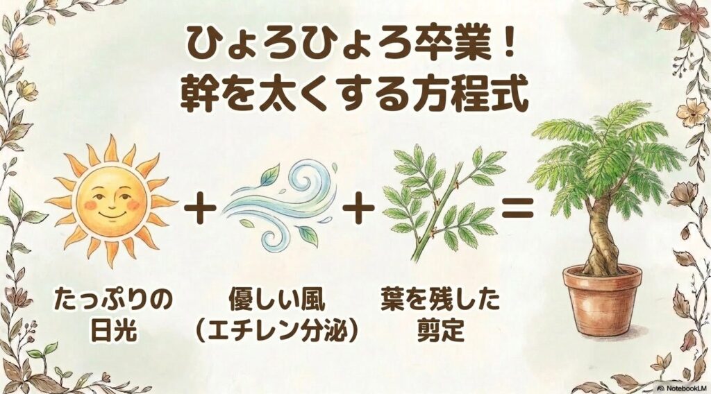 幹を太くするための3つの要素を足し算で表した図。たっぷりの日光、エチレン分泌を促す優しい風、そして葉を残した剪定の3つを組み合わせることで、ひょろひょろを卒業できることが示されています。