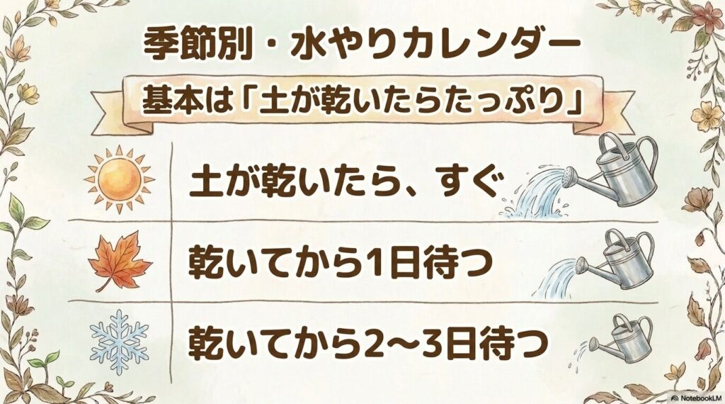 春夏、秋、冬の季節ごとの水やりタイミングを示したカレンダーのイラスト。基本は土が乾いたらたっぷりと与え、春夏は乾いたらすぐ、秋は乾いてから1日待つ、冬は乾いてから2〜3日待つという目安が書かれています。