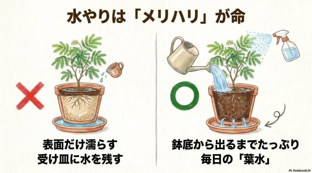 表面だけ濡らすNGな水やりと、鉢底から出るまでたっぷり与える正しい水やり、毎日の葉水を図解したエバーフレッシュのお手入れイラスト