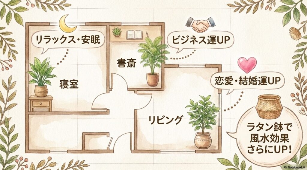 寝室でリラックス・安眠、書斎でビジネス運アップ、リビングや東南で恋愛・結婚運アップといったエバーフレッシュの風水効果と、ラタン鉢による運気上昇を解説したイラストスライド