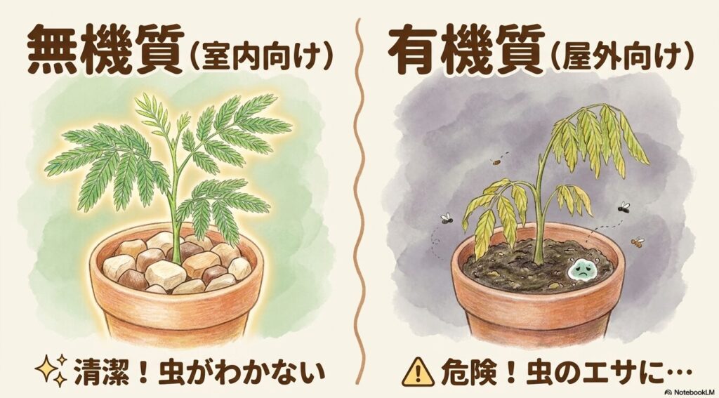 室内向けで清潔な「無機質」の土と、屋外向けで虫のエサになりやすい「有機質」の土のメリット・デメリットを比較した図解スライド。