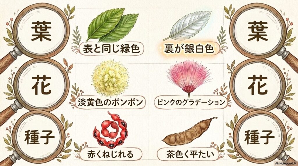 エバーフレッシュのねじれた赤い種子と淡黄色の花、ネムノキの平たい茶色い種子とピンクの花、およびそれぞれの葉の表裏の色の違いを比較したイラストスライド