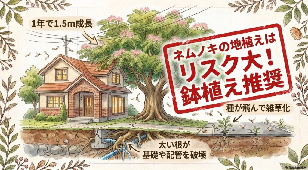 1年で1.5m成長する巨木化、種が飛んでの雑草化、太い根が基礎や配管を破壊するといったネムノキの地植えによるトラブルリスクと、鉢植えを推奨する図解スライド