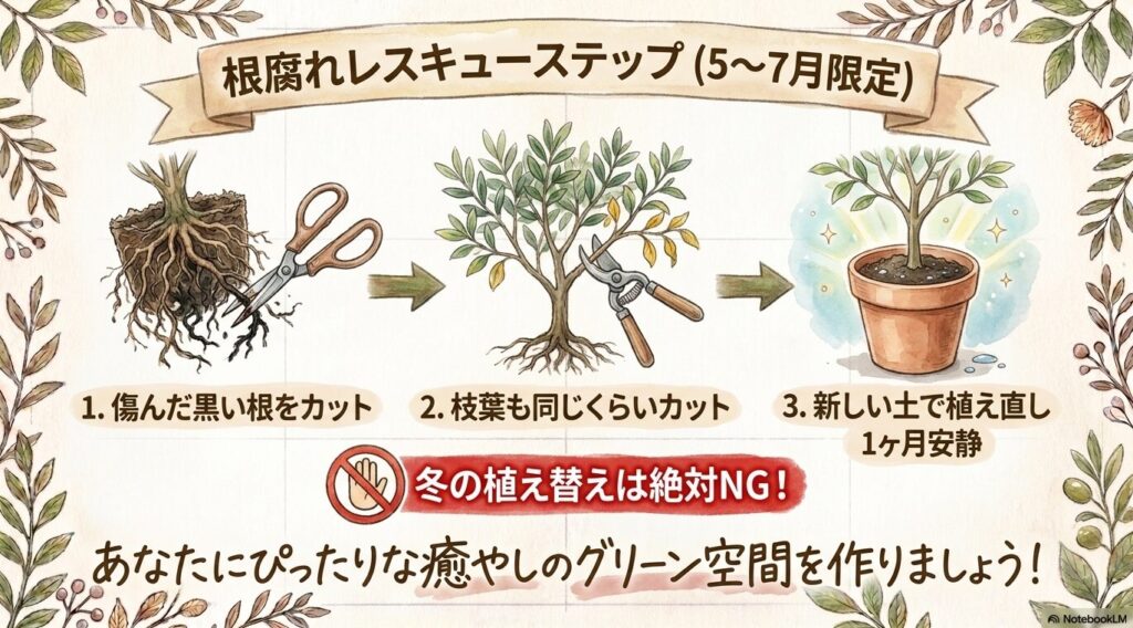 傷んだ黒い根と枝葉をカットし、新しい土の鉢に植え直して1ヶ月安静にする5〜7月限定の根腐れレスキューステップを解説したイラストスライド。冬の植え替えは絶対NGとの注意書き