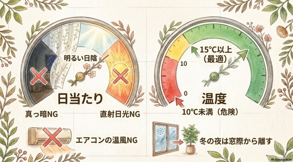 エバーフレッシュの最適な環境である明るい日陰や15℃以上の温度、避けるべき直射日光、暗闇、10℃未満の寒さ、エアコンの温風、冬の夜の窓際などをまとめた図解スライド