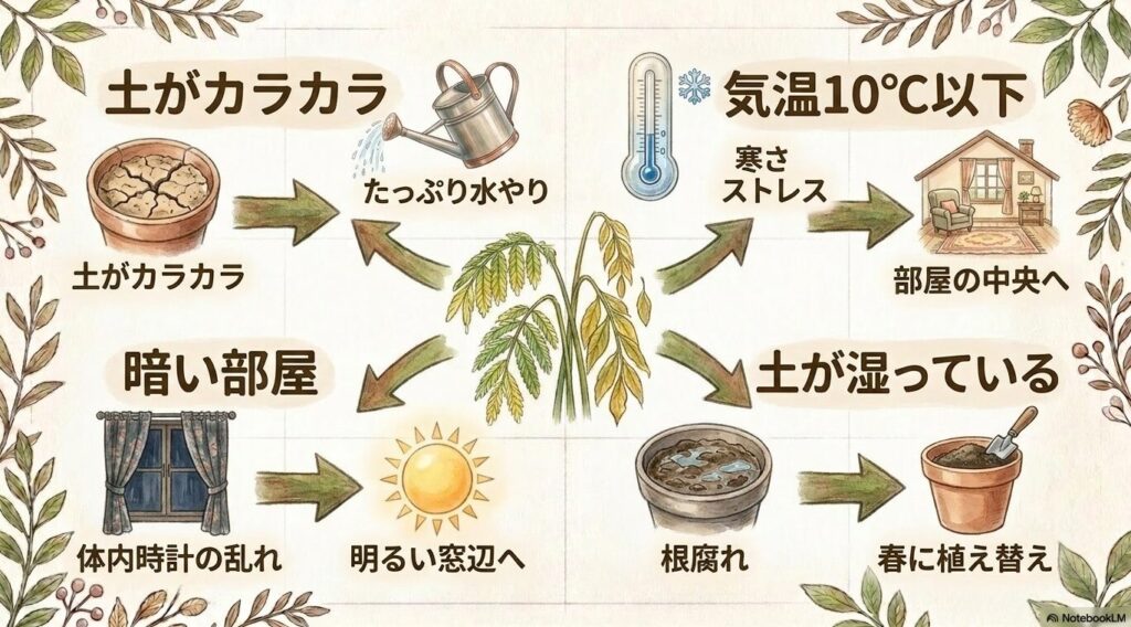 土がカラカラならたっぷり水やり、暗い部屋なら明るい窓辺へ、寒さストレスなら部屋の中央へ、土が湿っているなら根腐れを疑い春に植え替えするという、4つのトラブルと対処法をまとめたスライド