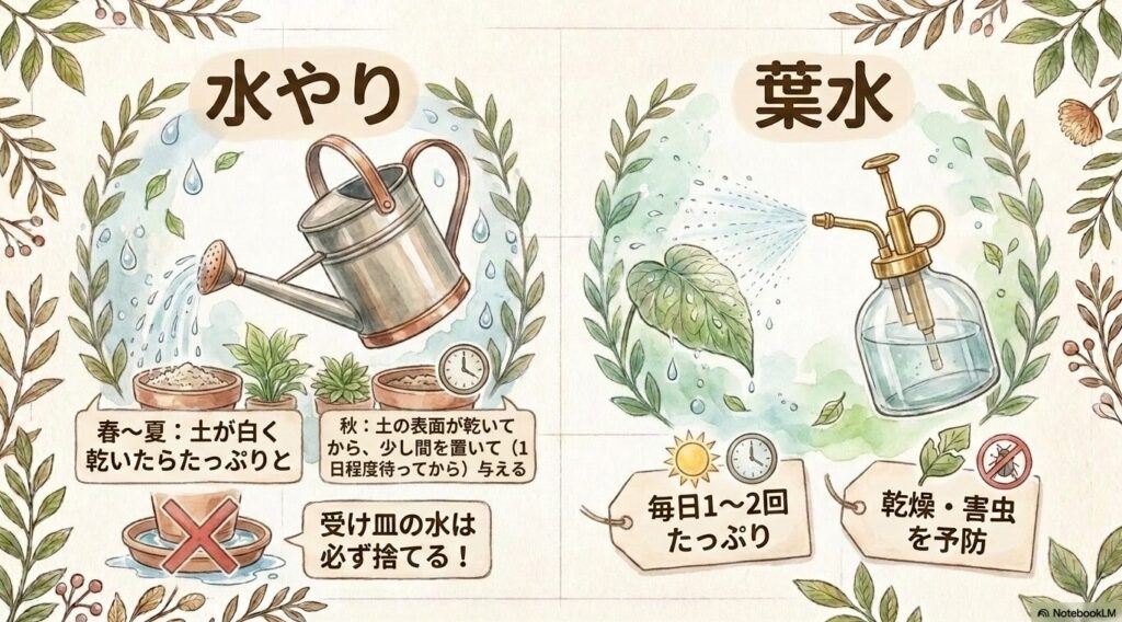 春から夏は土が白く乾いたらたっぷり、秋はさらに1日待って水やりすることや、受け皿の水を必ず捨てること、毎日1〜2回たっぷりの葉水で乾燥や害虫を予防することを解説したスライド