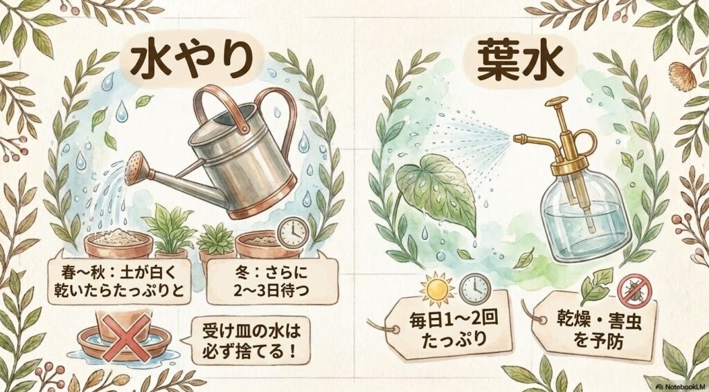 春から秋は土が白く乾いたらたっぷり、冬はさらに2〜3日待って水やりすることや、受け皿の水を必ず捨てること、毎日1〜2回たっぷりの葉水で乾燥や害虫を予防することを解説したスライド