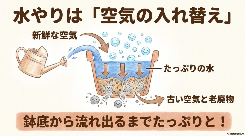 水やりの目的が単なる水分補給ではなく「空気の入れ替え」であることを示す図解スライド。たっぷりの水を与えることで、鉢内の古い空気と老廃物が押し出され、新鮮な空気が引き込まれるメカニズムを解説している。
