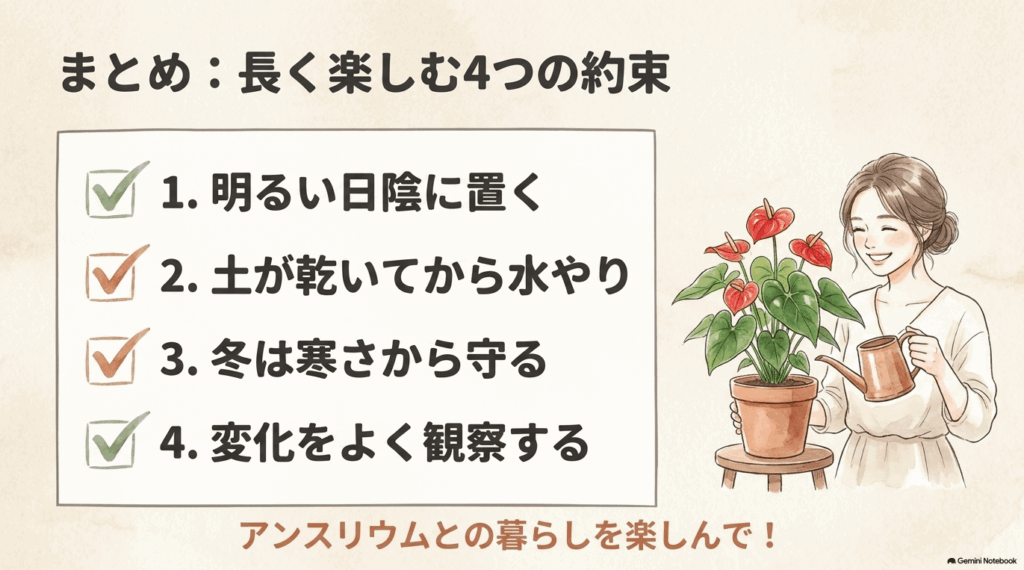 アンスリウムへ水やりをする女性のイラストとともに、明るい日陰に置く、土が乾いてから水やりする、冬は寒さから守る、変化をよく観察するという4つの基本をチェックマーク付きでまとめた図