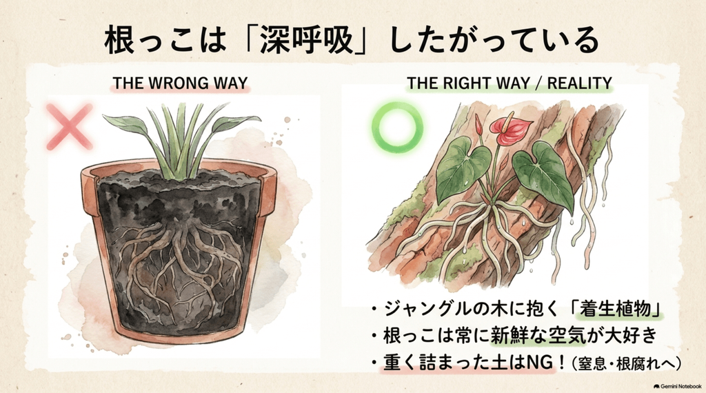 アンスリウムの根の張り方を比較したイラスト。バツ印の「THE WRONG WAY」では一般的な鉢の中で根が窮屈そうに詰まっており、マル印の「THE RIGHT WAY / REALITY」ではジャングルの木に気根を絡ませてのびのびと育つ着生植物の様子が描かれています。「根っこは「深呼吸」したがっている」などの説明文があります。