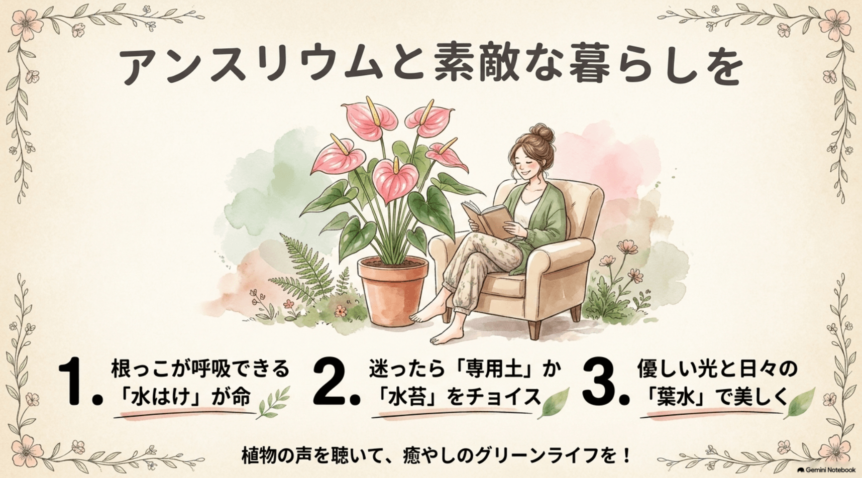 「アンスリウムと素敵な暮らしを」というタイトルと共に、美しいアンスリウムのイラストが描かれたスライド。「1. 根っこが呼吸できる「水はけ」が命。迷ったら専用土・水苔をチョイス」「2. 優しい光と日々の「葉水」で美しく」「3. 植物の声を聴いて、癒やしのグリーンライフを！」というまとめのメッセージが書かれています。