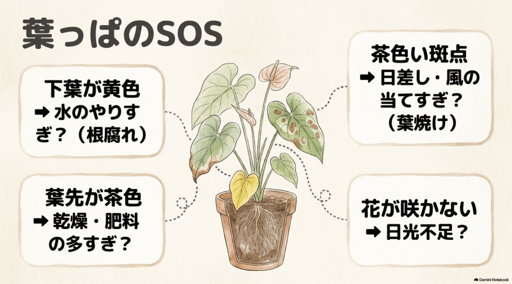 葉が黄色い、葉先が茶色い、茶色い斑点がある、花が咲かないアンスリウムを描き、それぞれ水のやりすぎ、乾燥や肥料過多、葉焼けや風、日光不足の可能性を示したトラブル早見図