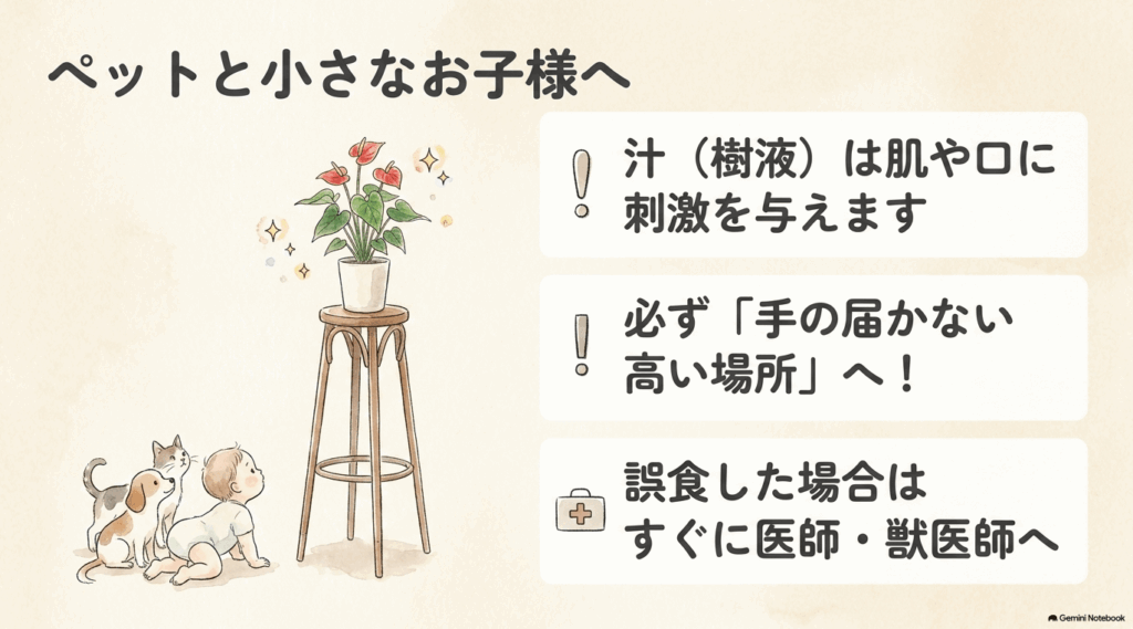 犬、猫、小さな子どもの手が届かない高い台にアンスリウムを置いたイラスト。樹液は肌や口に刺激を与えること、誤食時は医師または獣医師へ相談することを示している