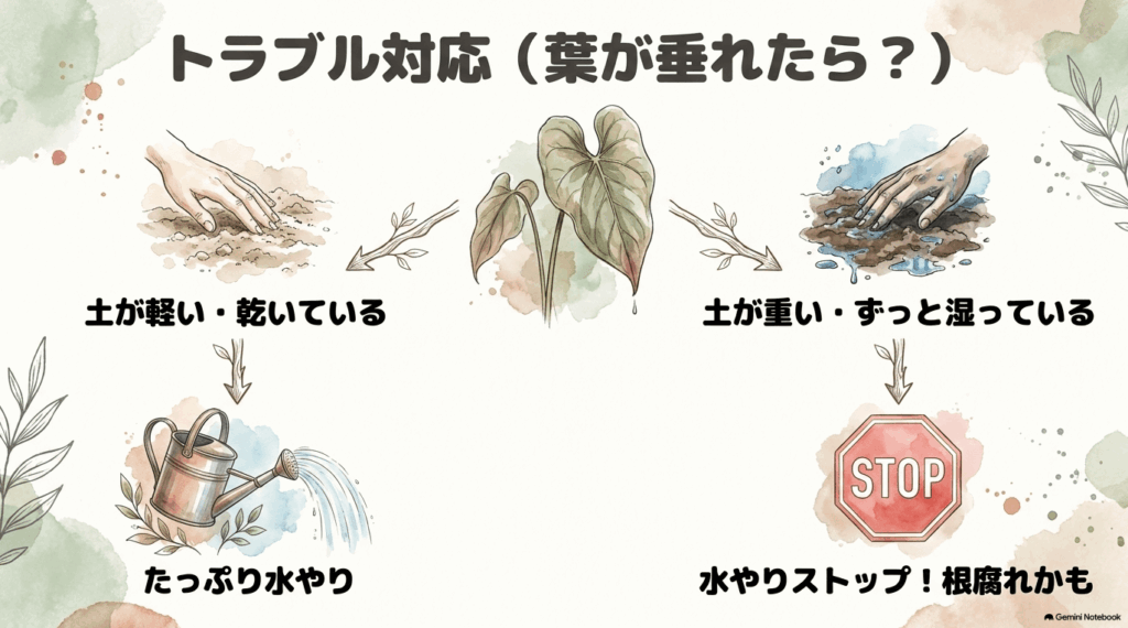 植え替え後に葉が垂れた場合、土が軽く乾いていれば水を与え、土が重く湿っていれば水やりを止めて根腐れを疑う判断を示した図