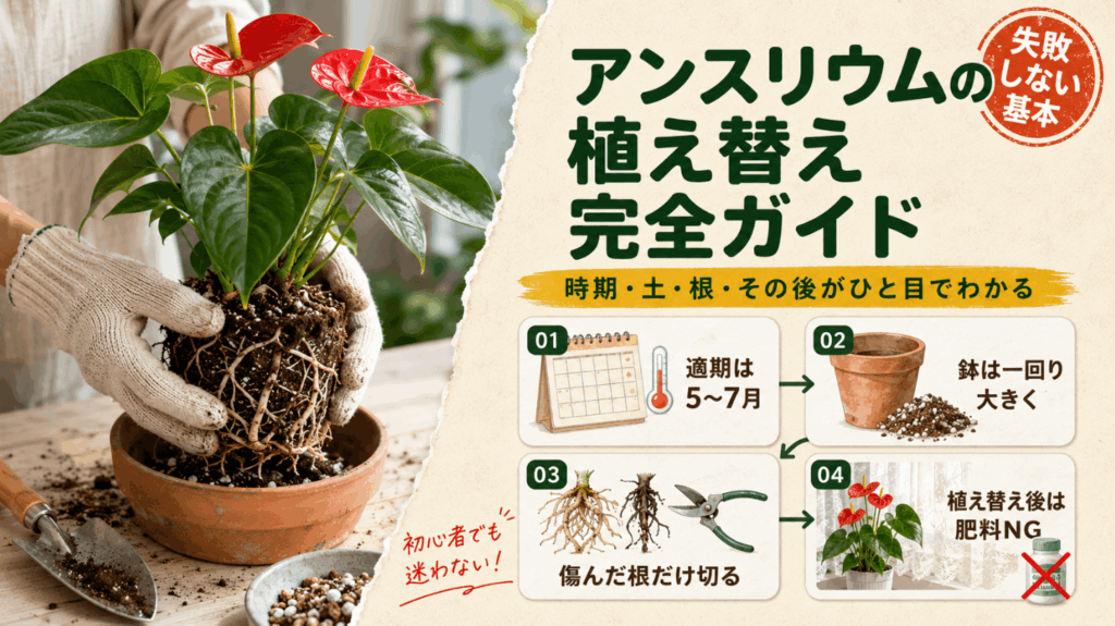 鉢からアンスリウムを抜いて根を確認する様子と、植え替えの適期は5～7月、一回り大きい鉢、傷んだ根だけ切る、植え替え後は肥料を控えるポイントをまとめた画像