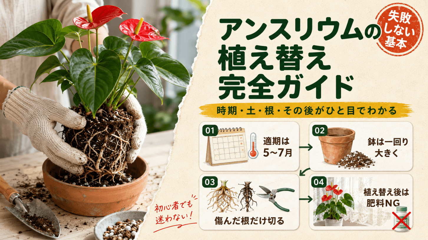鉢からアンスリウムを抜いて根を確認する様子と、植え替えの適期は5~7月、一回り大きい鉢、傷んだ根だけ切る、植え替え後は肥料を控えるポイントをまとめた画像