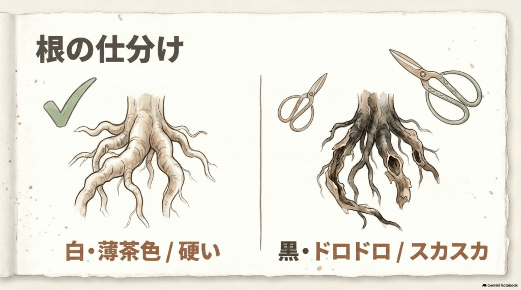 白または薄茶色で硬い健康な根は残し、黒くどろどろした根や内部がすかすかの傷んだ根はハサミで切る判断を左右に比較した図