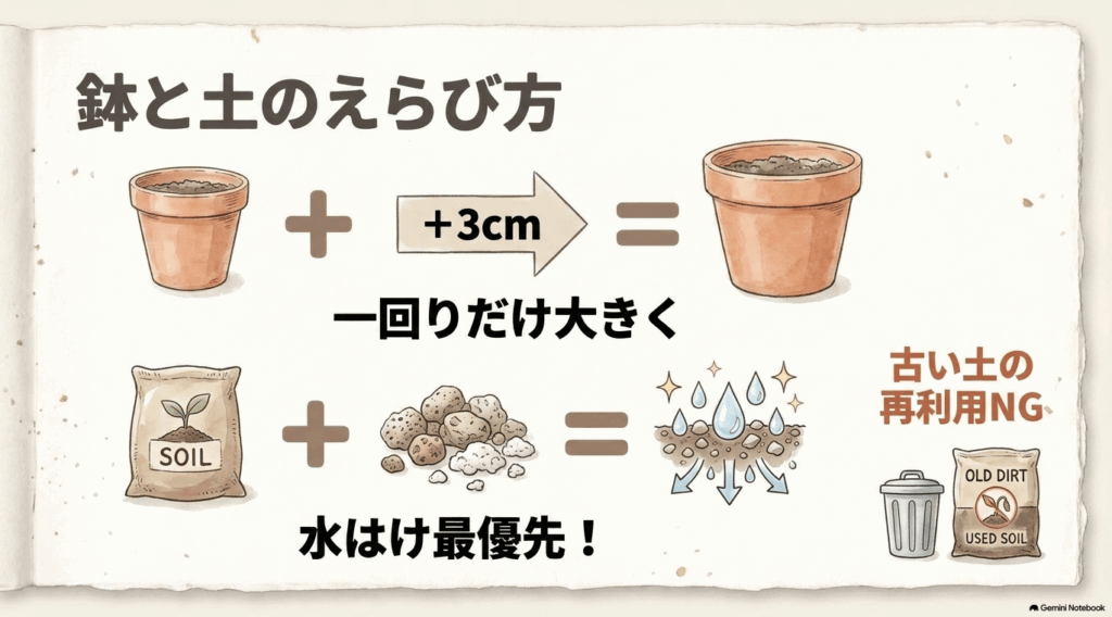 現在より直径約3cm大きい鉢を選び、排水性のよい新しい土を使い、古い土を再利用しないことを示した図