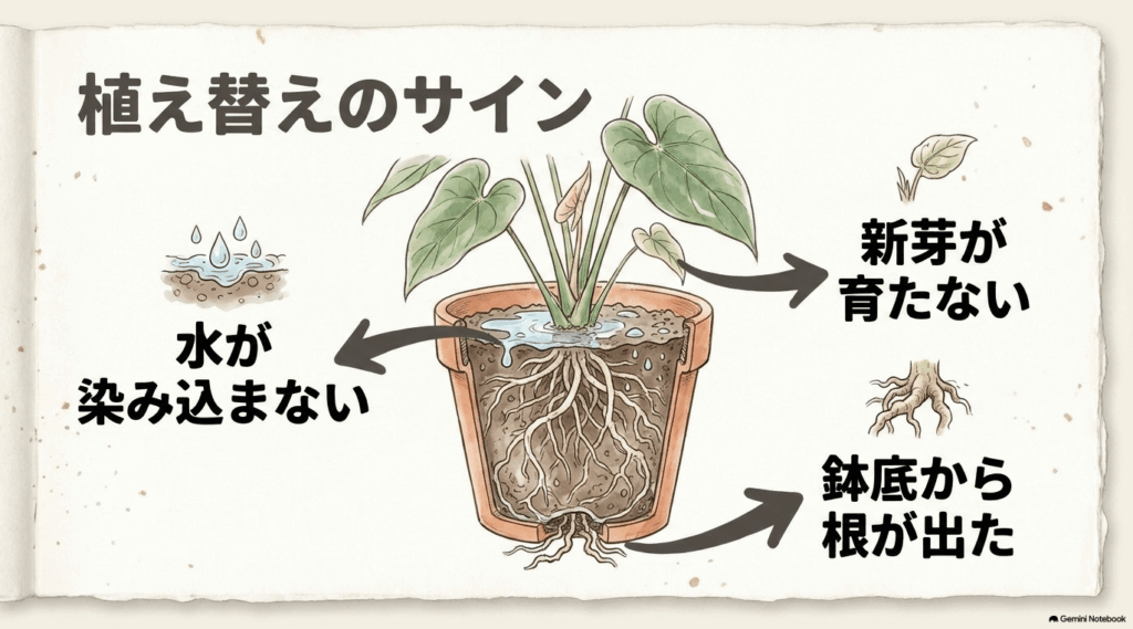 鉢の断面図を中心に、水が染み込まない、新芽が育たない、鉢底から根が出るというアンスリウムの植え替えサイン3つを示した図