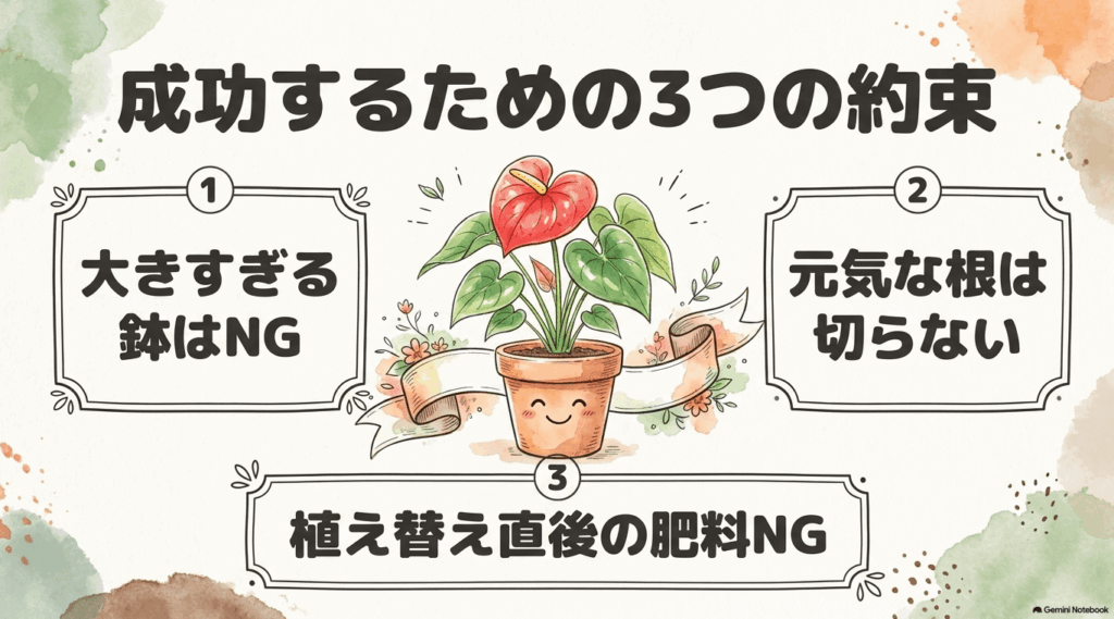 大きすぎる鉢を避ける、元気な根は切らない、植え替え直後は肥料を与えないというアンスリウムの植え替えを成功させる3原則を示した図