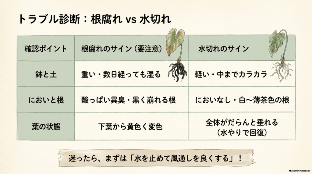 アンスリウムの根腐れと水切れについて、鉢と土の状態、においと根の色、葉の変化を3項目で比較した診断表