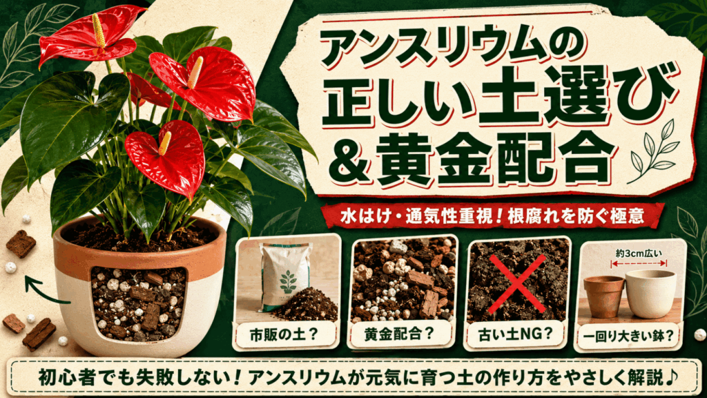 赤い花を咲かせたアンスリウムの鉢植えと、水はけの良い粗めの土が詰まった鉢の断面イラスト。「アンスリウムの正しい土選び＆黄金配合」「水はけ・通気性重視！根腐れを防ぐ極意」というメインタイトルのほか、市販の土、黄金配合などのポイントが並び、「初心者でも失敗しない！アンスリウムが元気に育つ土の作り方をやさしく解説♪」と書かれたブログ記事のアイキャッチ画像。