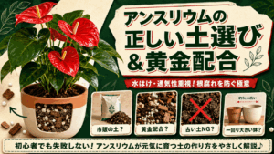 赤い花を咲かせたアンスリウムの鉢植えと、水はけの良い粗めの土が詰まった鉢の断面イラスト。「アンスリウムの正しい土選び&黄金配合」「水はけ・通気性重視!根腐れを防ぐ極意」というメインタイトルのほか、市販の土、黄金配合などのポイントが並び、「初心者でも失敗しない!アンスリウムが元気に育つ土の作り方をやさしく解説♪」と書かれたブログ記事のアイキャッチ画像。