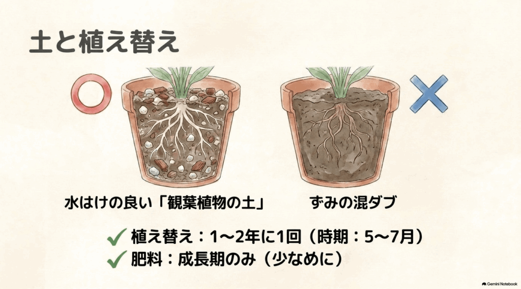 水はけのよい観葉植物用土を使った鉢と、すみの混ざった重い土の鉢を丸印とバツ印で比較した図。植え替えは5〜7月に1〜2年に1回、肥料は成長期のみ控えめに与えると説明している