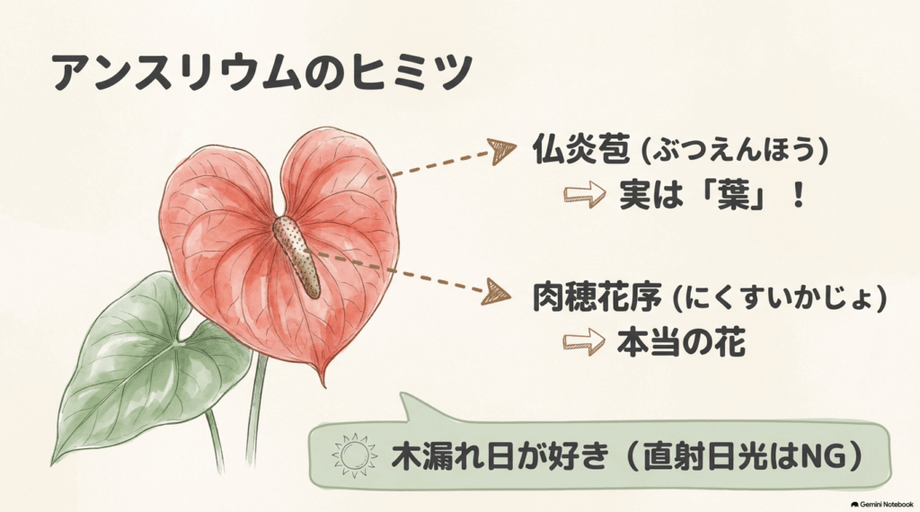赤い仏炎苞と中央の肉穂花序を矢印で示し、仏炎苞は葉、肉穂花序は本当の花であることと、木漏れ日を好み直射日光は避けることを説明した図