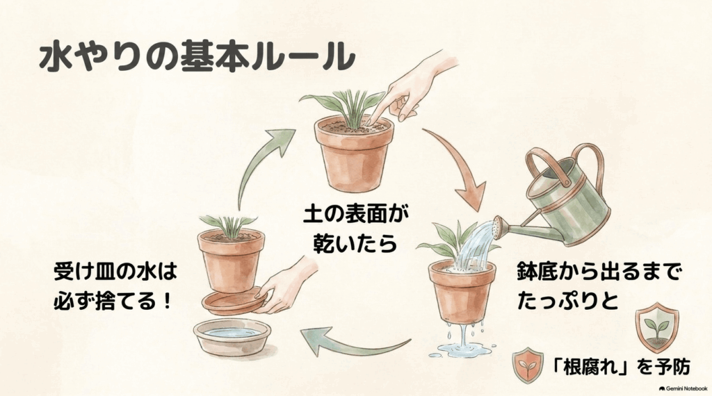 土の表面が乾いた鉢へ、鉢底から水が出るまでたっぷり水を与え、最後に受け皿の水を捨てる流れを矢印で示したイラスト。根腐れ予防のポイントも記載している