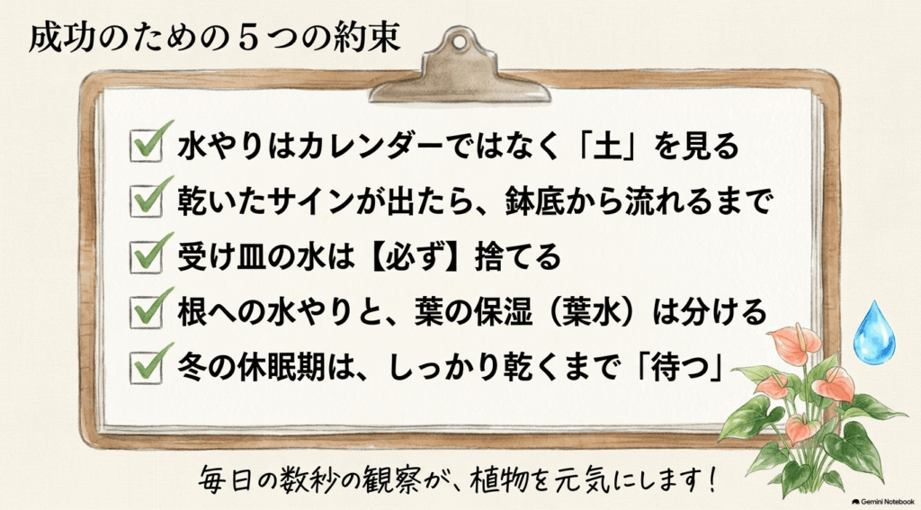 土を見て判断する、鉢底から流れるまで与える、受け皿の水を捨てる、葉水と分ける、冬は乾くまで待つという5つの基本をまとめたチェックリスト