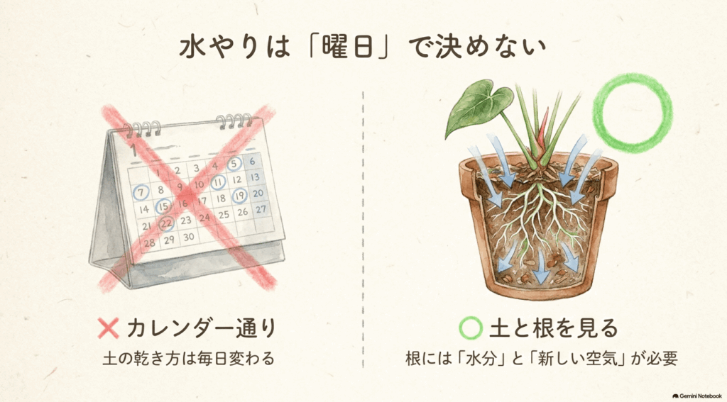 カレンダー通りの水やりに赤いバツ、土と根を確認する方法に緑の丸を付け、根には水分と新しい空気が必要だと示した比較図