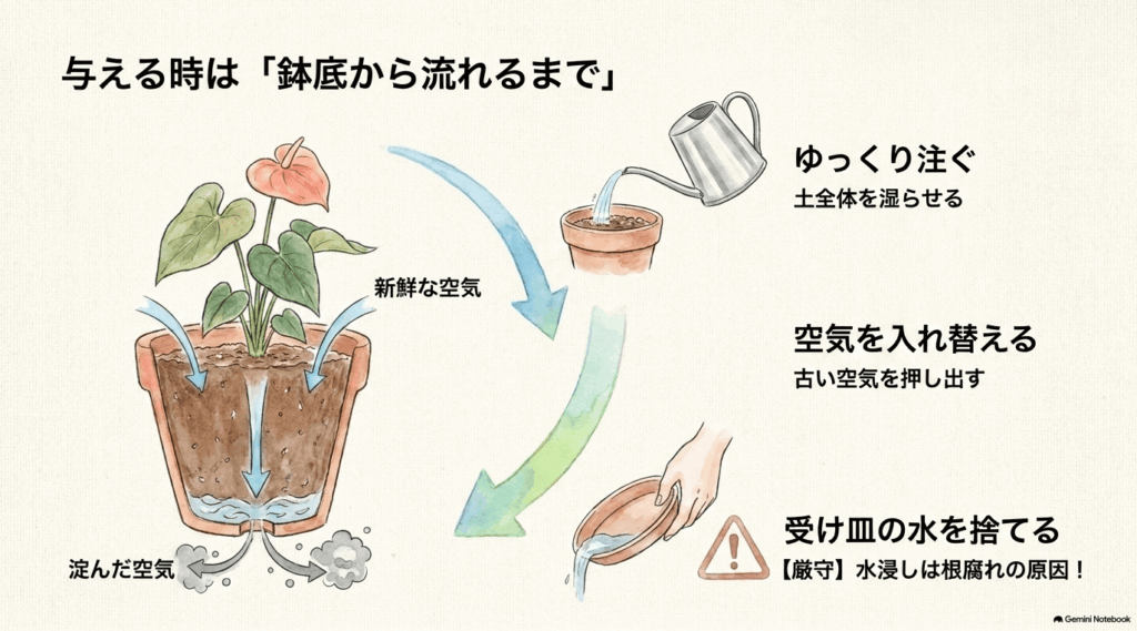 ジョウロで土全体へゆっくり注ぎ、鉢底から排水して空気を入れ替え、最後に受け皿の水を捨てる手順を示した図解