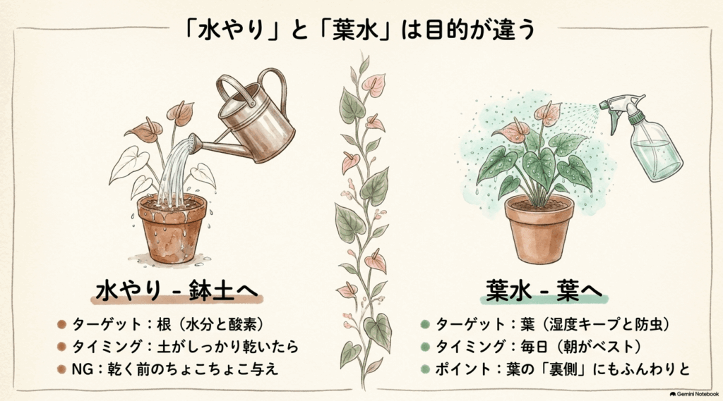 鉢土への水やりは根に水分と酸素を届け、葉水は葉の保湿と防虫を目的に行うという違いを左右で比較した図解