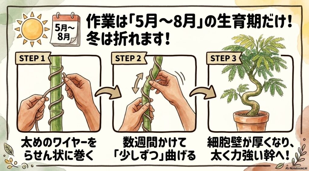 5月から8月の生育期に限定し、太めのワイヤーをらせん状に巻き、数週間かけて少しずつ曲げることで細胞壁が厚くなり太く力強い幹に育てる3ステップの図解