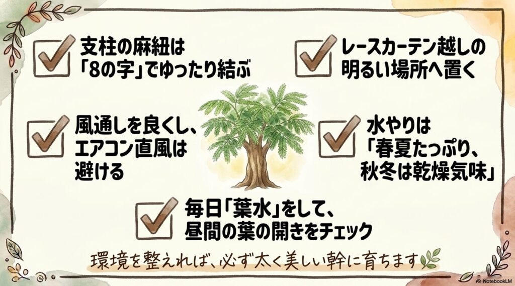 支柱の麻紐は8の字結び、レースカーテン越しの光、風通しの確保とエアコン直風回避、季節ごとの水やりの調整、毎日の葉水と葉の開きのチェックなど、環境を整え太く美しい幹に育てるためのチェックリスト