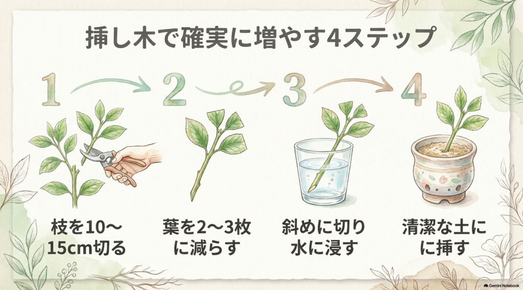 挿し木の手順を4段階で解説したスライド。1.枝を10〜15cm切る、2.葉を2〜3枚に減らす、3.斜めに切り水に浸す、4.清潔な土に挿す、という工程がイラスト付きでわかりやすくまとめられている。